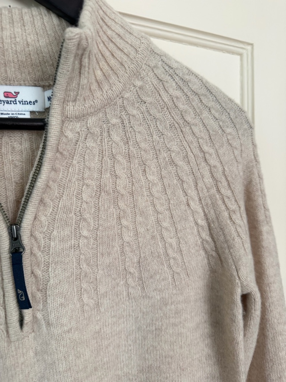 Vineyard Vines oatmeal Beige Lambs Wool Half-Zip Cable Yoke Sweater - Picture 3 of 8